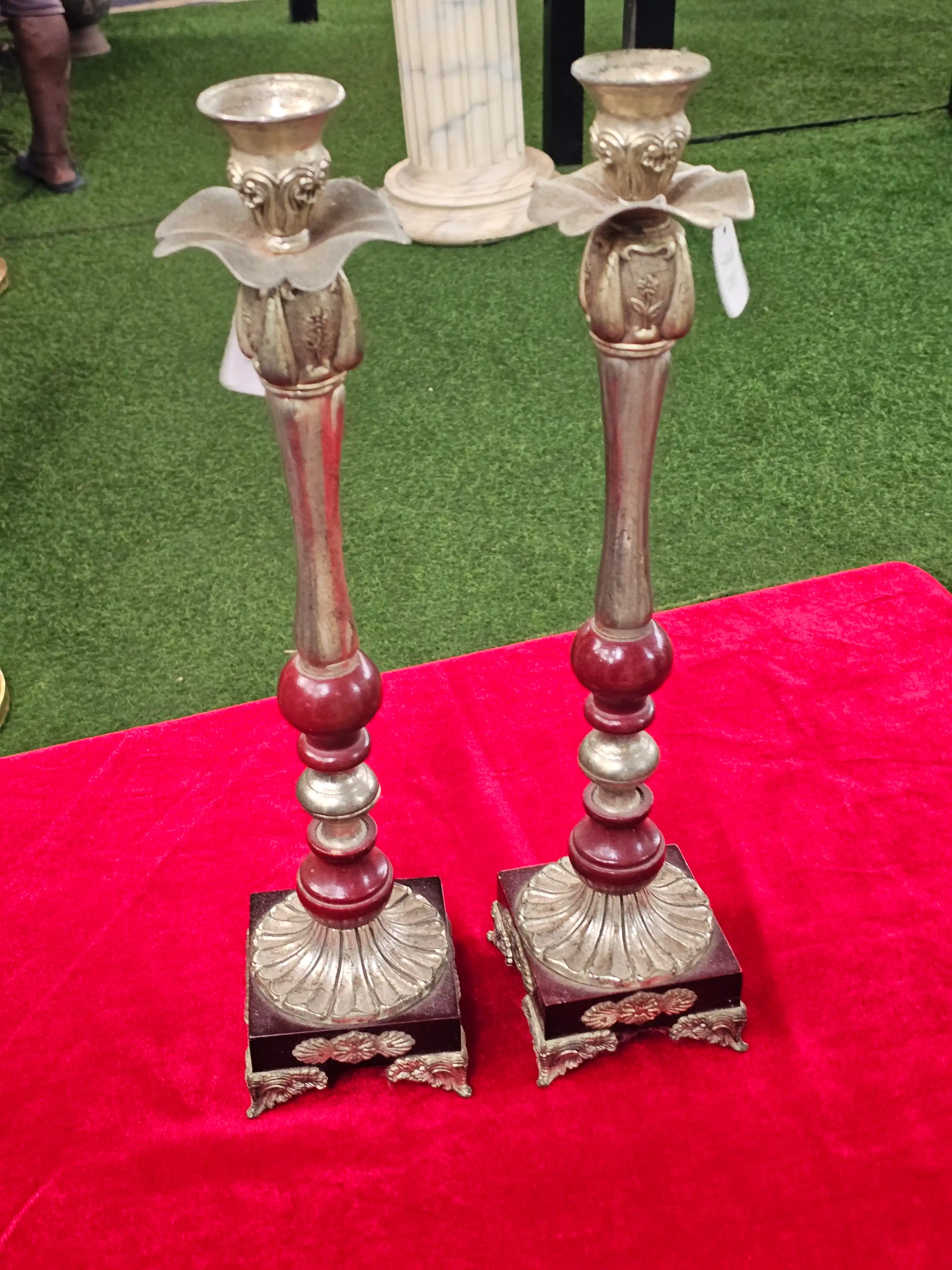 Tall Candlesticks with Figural Collars, Pair